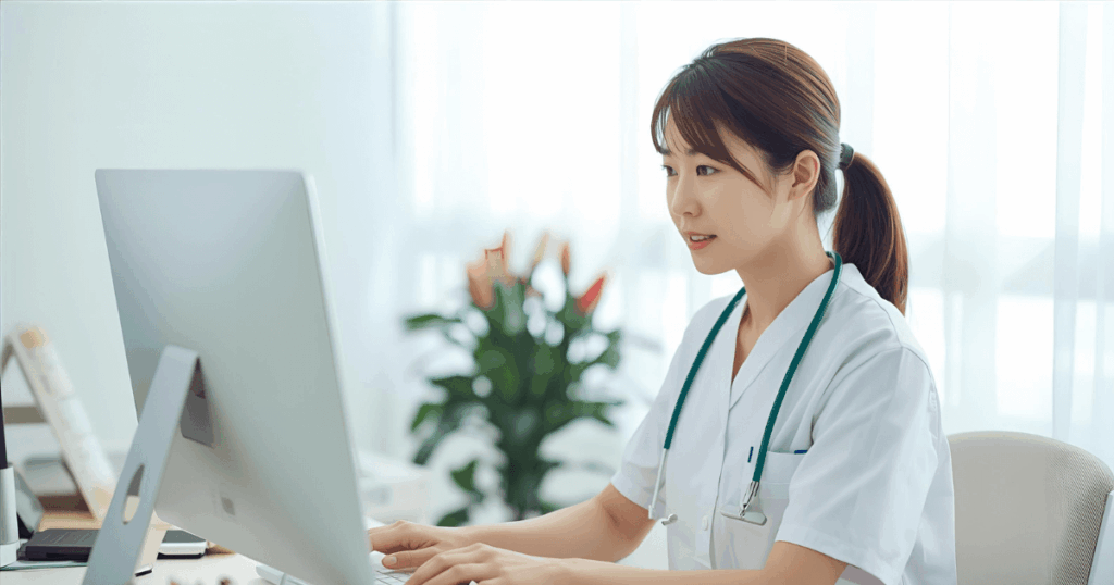 日本人の女性医療従事者(理学療法士/看護師)がPCで広告管理をしている